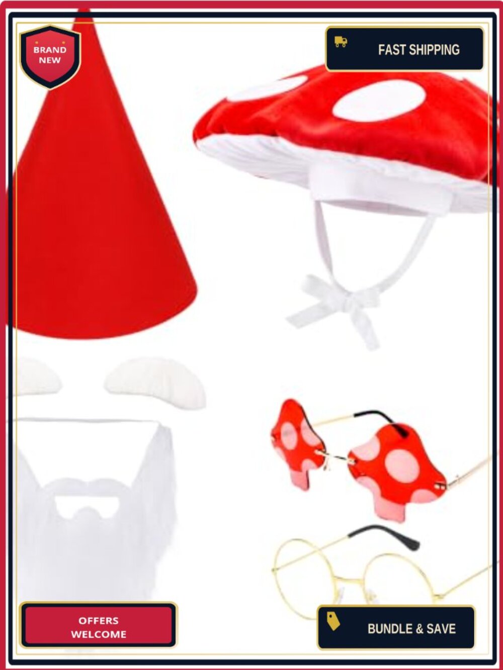 Halloween Couple Costume Set Mushroom Hat Gnome Hat Glasses Mustache Eyebrows